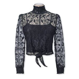 Goth Black Floral Leaf Tie Victorian Style Turtle Neck Smocked Susan Lace Top